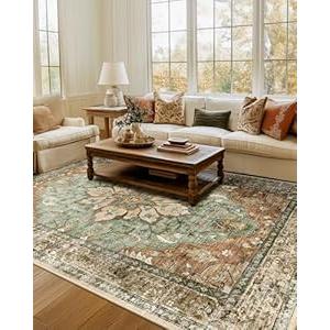 RELEANY Area Rugs 7'x9' Washable Non-Slip, Floral Vintage Distress Print Pattern Medallion Carpet for Living Room Bedroom Dining Room, Brick Red Rust Neutral Brown Burnt Orange Green