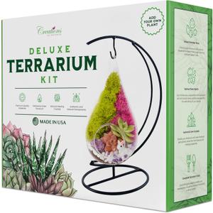 Creations by Nathalie 7" DIY Teardrop Terrarium Kit with Live Plants  Hanging Glass Planter with Stand for Adults & Kids  Build a Mini Ecosystem with Moss, Crystals, Tools  Made in The USA