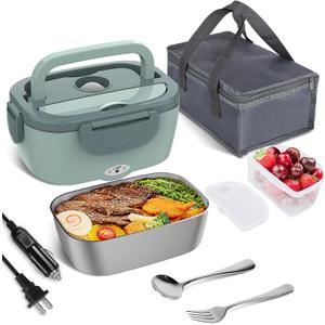 Vabaso Electric Lunch Box for Adults, 80W Heated Lunch Box Portable Food Warmer Lunch Box for Work/Men/Car/Truck with 1.5L 304 Stainless Steel Container Fork & Spoon, 110V/12V/24V (Pea Green)