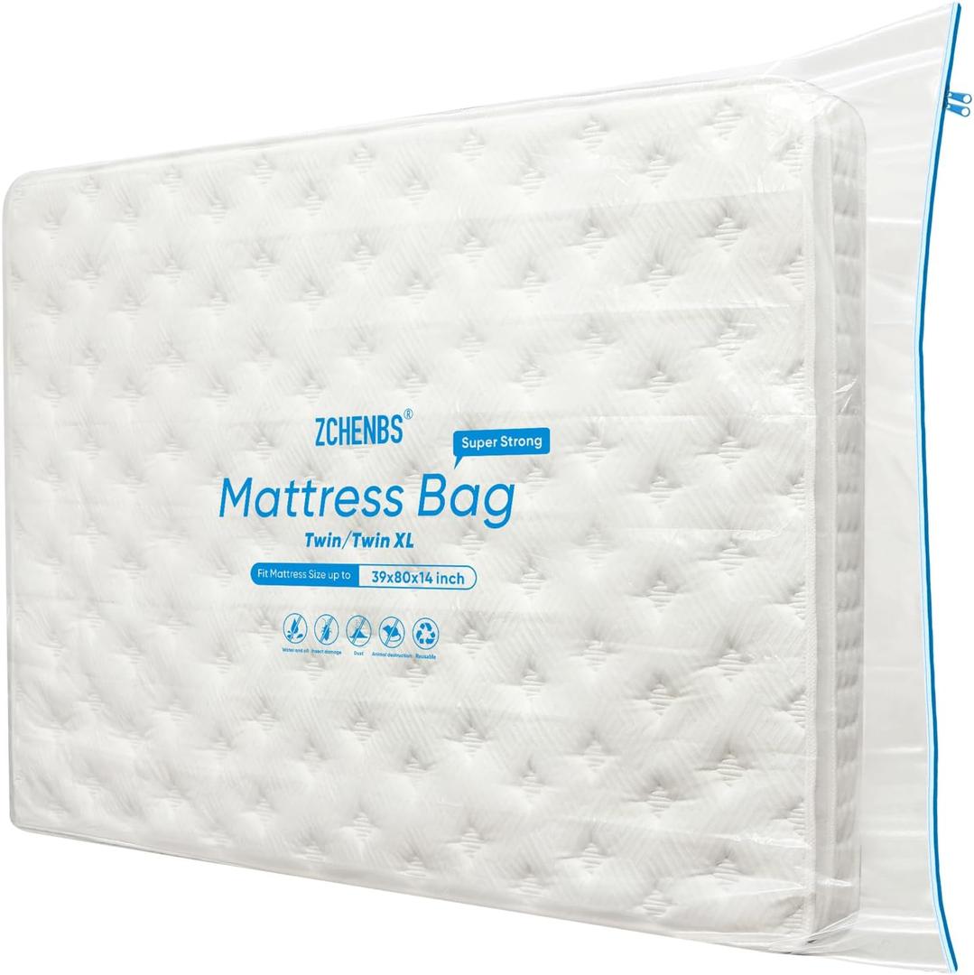 ZCHENBS - Twin/Twin XL Mattress Bags for Moving, Waterproof Mattress Storage Bag with Zipper, Heavy-Duty 5 Mil Ultra-Thick Bed Protector Cover for Moving, Reusable (Transparent/Blue, 1 Pack)