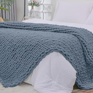 Bigacogo Chunky Knit Throw Blanket for Couch, 40x80 inches, 100% Hand Knitted with Thick Jumbo Chenille Yarn, Cozy Soft Large Rope Knot Cable Crochet Blankets for Sofa Bed Living Room, Cold Sea Blue