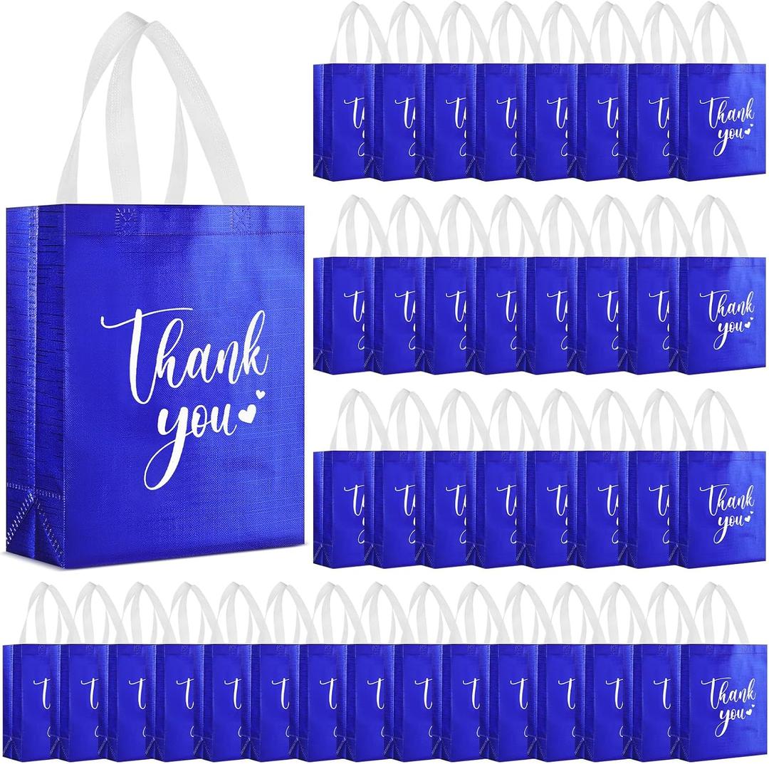 50 Pcs Thank You Gift Bags with Handles Bulk Reusable Non Woven Bags Bridesmaid Souvenir Handbags for Wedding Easter Graduation Sorority Birthday(10 x 8 x 4 Inch,Royal Blue)