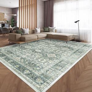 HOMFINE Machine Washable Rug 4'x6' - Green Area Rugs with Non Slip Rugs for Living Room, Bedroom, Dining Room, Office, Vintage Design Stain Resistant Carpet, Vintage Design Area Rug, Green