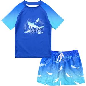 Boys Two Piece Rash Guard Swimsuits Sets Bathing Suits with Trunks 4-12 Years (B1 Blue)