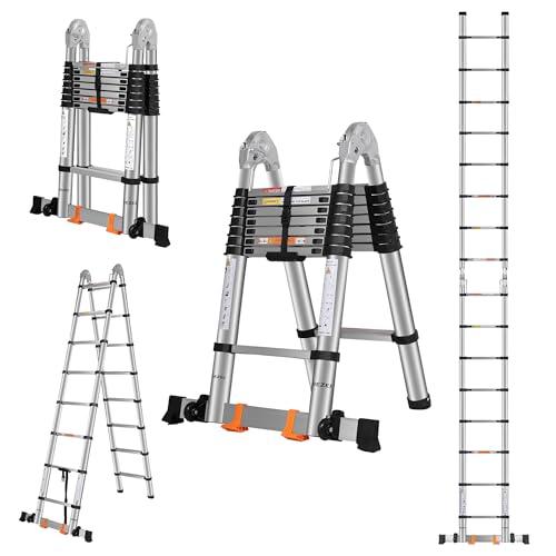 DEZEX A Frame Telescoping Ladder 16.5 FT Stainless Steel, 375lbs Capacity With Balance Bar and Movable Wheels, Multi-Purpose Collapsible for Indoor Outdoor Work