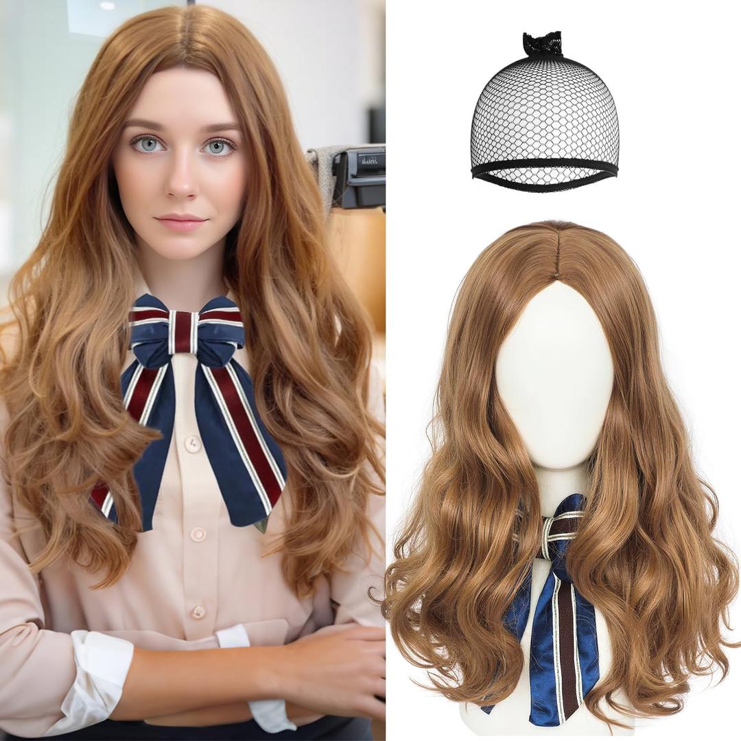 BESTBEL+Hair Cap Long Brown Wavy Wig for Women Middle Part Anime Moive Wig for Halloween Cosplay Womens Cosplay Outfit Synthetic Hair for Costume Party
