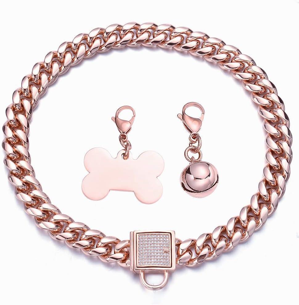 Rose Gold Chain Dog Collar 10MM/14MM Cuban Link Dog Collar Chew Proof Stainless Steel Chain Collar for Small Medium Large Dogs 10-26Inch(14mm,22inch)