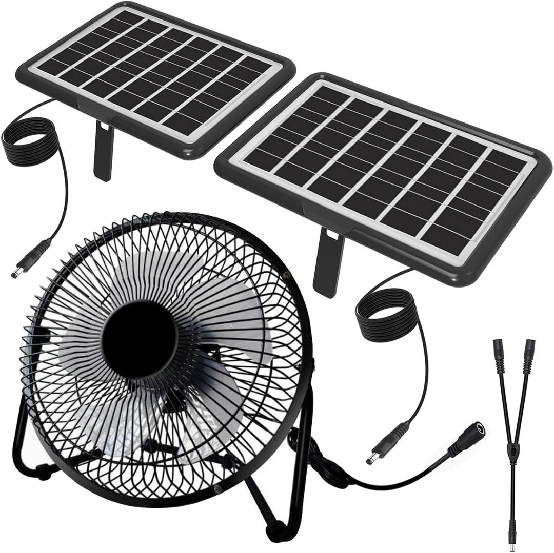 Solar Powered Fan, 8 Inch Install-Free with 25W Dual Solar Panels, Cloudy Days Working Solar Fan for Air Circulation and Cooling in Greenhouse, Chicken Coop, Pet House, Attic, 14ft Long Cable (Black)