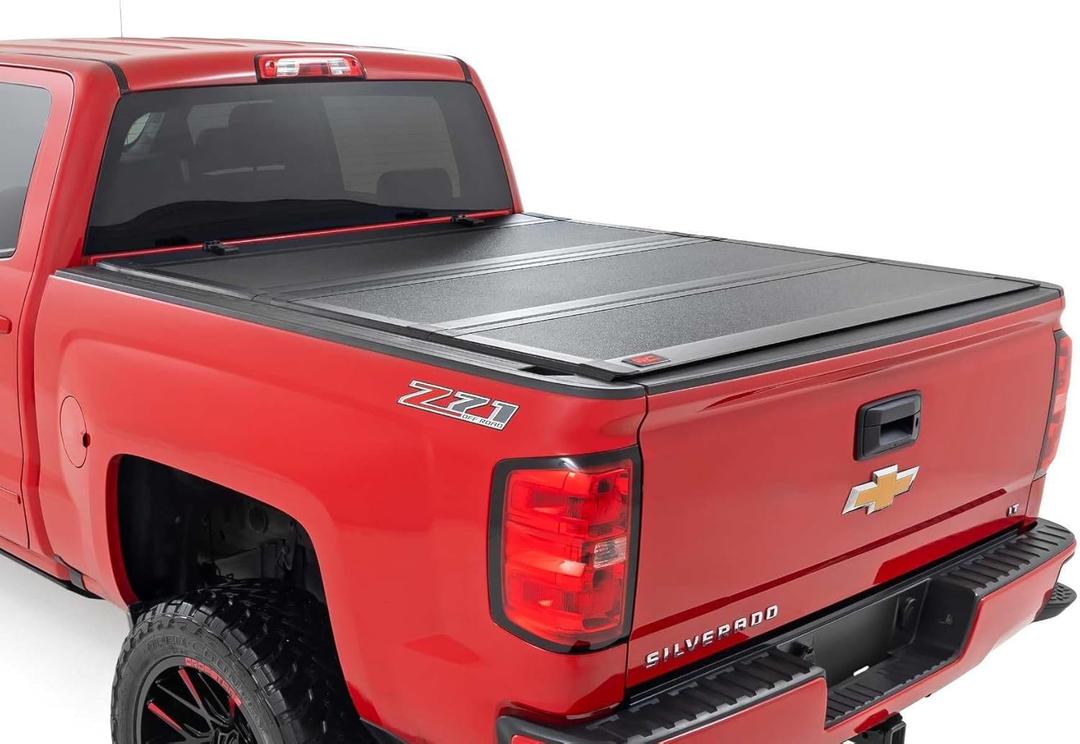 Rough Country Hard Tri-Fold Truck Bed Tonneau Cover for Chevy Silverado & GMC 1500/2500HD/3500HD (2014-2019) - Aluminum Flip-Up Bed Cover, Fits 6'7 (78.8-78.9") Bed w/Rail Caps