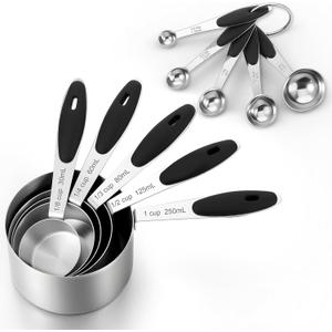Stainless Steel Measuring Cups and Spoons Set of 10 Measuring Cups and Magnetic-Measuring Spoons Nesting Metal Measuring-Cups Set Soft Silicone Handles for Dry and Liquid Ingredients Cooking