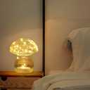 JBGIYOSG Glass Mushroom Table Lamp, 5.9" Cute LED Night Light for Home Decor, Battery Operated (3 AA), Modern Ambient Light for Living Room Bedroom Office Clear