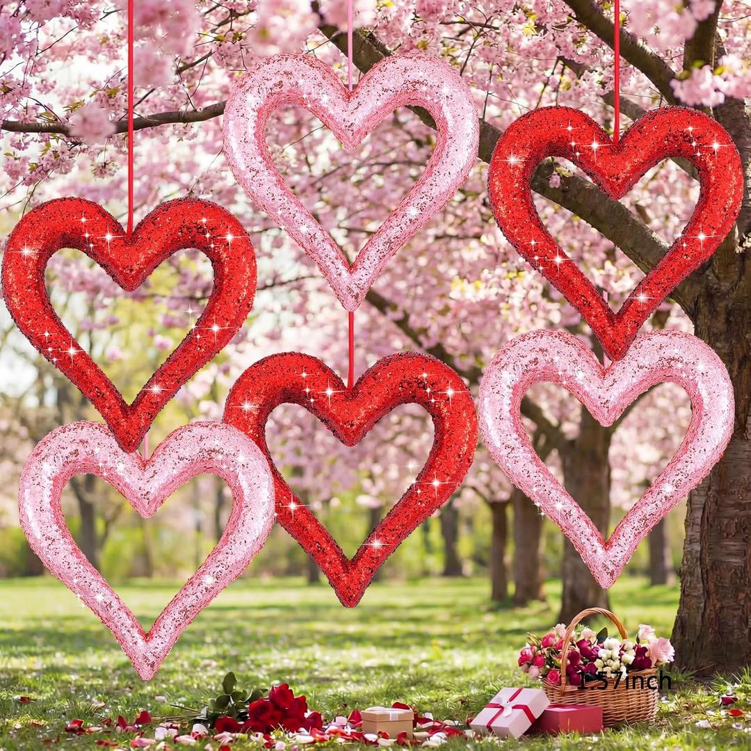 6 Pcs Large Heart Ornaments for Valentines 10'' 3D Glitter Heart Hanging Ornament for Tree Wreath Door Home Window Valentine's Day Wedding Holiday Decor(Red and Pink,Coarse Glitter)