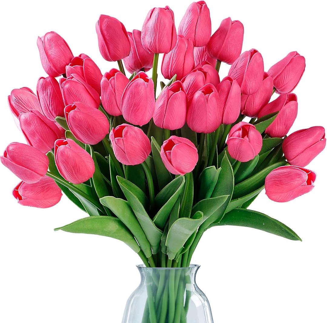 Sggvecsy 30 Pcs Fake Tulips Artificial Flowers Real Touch PU Faux Flowers Tulip Stems for Wedding Spring Bouquet Floral Arrangement Home Party Office Decorations for Mother's Day (Dark Pink)