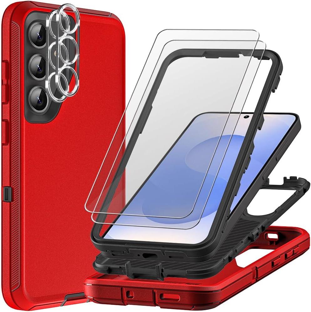for Samsung Galaxy S25 Case with 2Pcs Tempered Glass Screen Protector and Camera Lens Protector, 3 in 1 Heavy Duty Shockproof/Drop Proof/Dust Proof Case (Red/Black)
