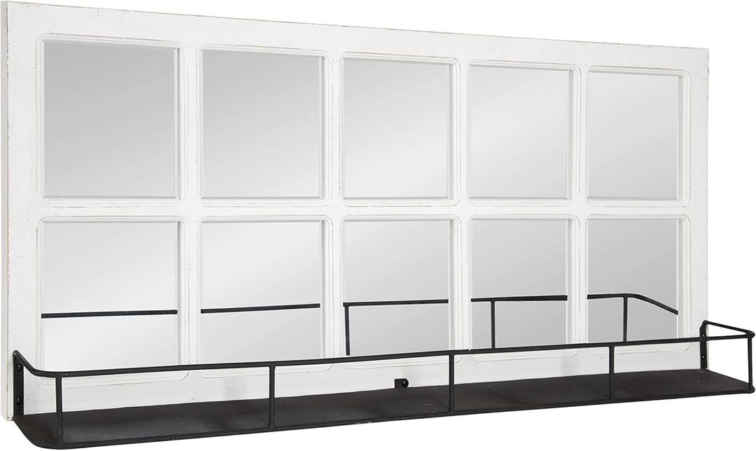 Kate and Laurel Jackson Casual Farmhouse Solid Wood 10 Windowpane Mirror with Distressed Black Metal Shelf, 40x18, Coastal White