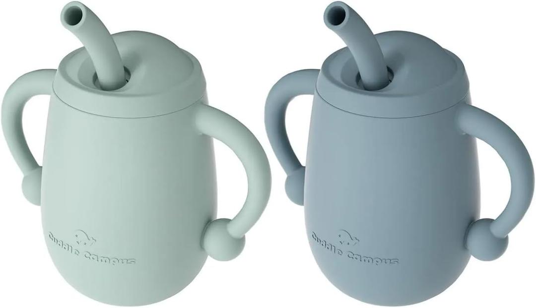 Cuddle Campus Pack of 2 Silicone Baby Training Cup, Shatterproof Toddler Sippy Cups with Straw, Open Cup for Baby, 6+ Months 4 Oz, Boothbay (Boothbay Gray+Sage)