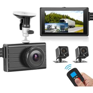 VSYSTO 3-Channel Car Dash Cam WiFi 3.0" Monitor Front 1080P w/HD Separated Side View IPX7 Waterproof IR Night Vision Cameras for Semi Truck Trailer Pickup(Wireless Remote/G-Sensor/Max 256GB Support)