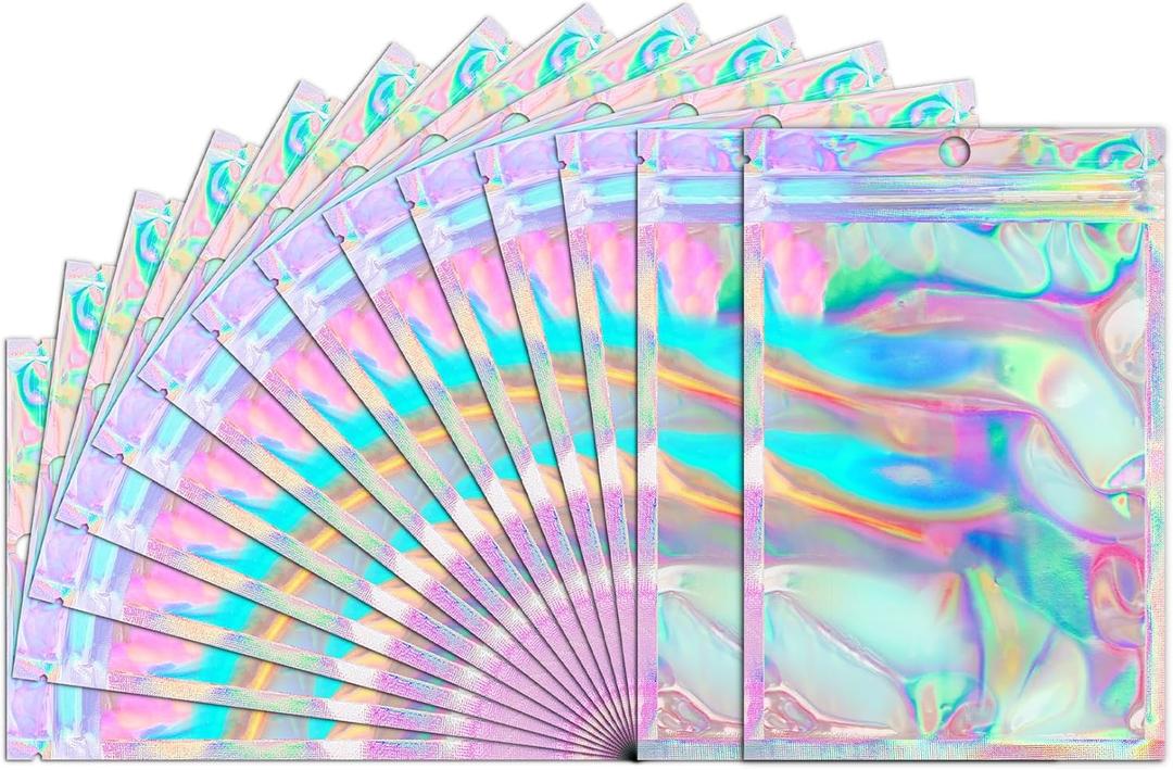 Funfery 100 Pcs Smell Proof Holographic Bags Clear Window Resealable Bags,Mylar Foil Bag with Zipper,Sealing Pouch Packaging Bag for Food Storage,Candy,Party Favor Sample Business Supplies(6.3x9.4in)