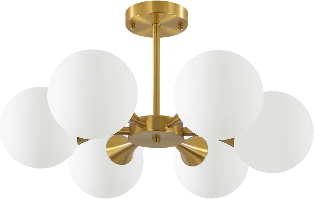 KCO Lighting Brushed Gold Sputnik Flush Mount Ceiling Light Mid Century Modern Overhead Ceiling Light 6-Lights Milk Glass Globe Semi Flush Mount Ceiling Light Fixture