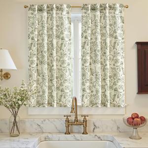 jinchan Small Window Curtains 45 Inch Linen Floral Curtain Set for Kitchen Bathroom Cafe Curtains Light Filtering Window Treatment Farmhouse Cottagecore Back Tab Drapes 2 Panels Green on Beige