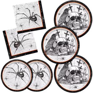 Spider Webs Halloween Party Supplies - Featuring Skull & Spider Themes, All-inclusive Wicked Web Paper Plates and Napkins. Ideal for Halloween Party Decorations, Serve 50 Guests.