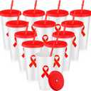 Tioncy 12 Pcs Cancer Awareness HIV/AIDS Red Ribbon Plastic Tumblers with Lids and Straws Inspirational Tumblers Cancer Awareness Gifts for Women Men Survivor Fighter Favors