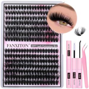 FANXITON Lash Clusters with Lash Bond and Seal Sweatproof, 10-18 mm D Volume Lash Extension Kit 280 pcs Individual Lashes Lash Clusters Kit and Tweezers Thick DIY Eyelash Extension Kit