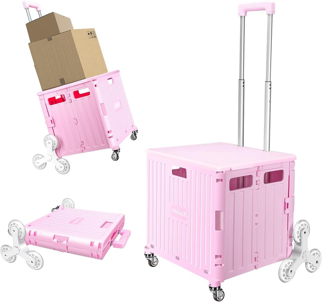 Foldable Cart with Stair Climbing Wheels, Collapsible Rolling Crate with Telescoping Handle, Handcart for Grocery Book File Tool Art Supplies(Pink)