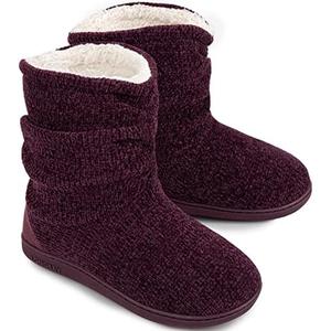 LongBay Women's Chenille Knit Bootie Slippers Cute Warm Plush Fleece Memory Foam House Shoes Size 5-6