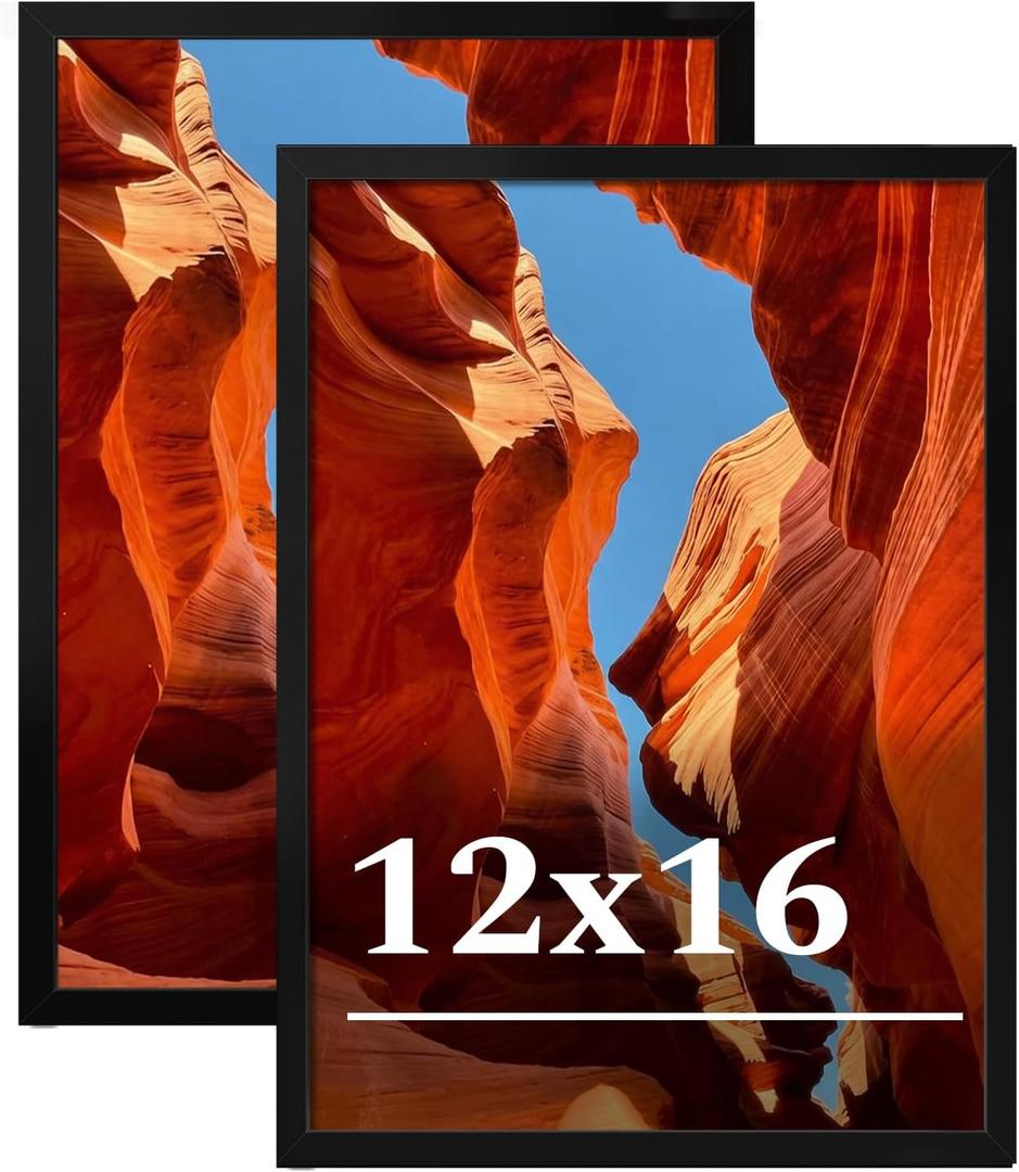 12x16 Picture Frame Set of 2, 12 x 16 Black Picture Frame with HD Plexiglas, 12 by 16 Poster Frame, Display Frame for Vertical or Horizontal, Presenting Spatial Aesthetics-Form & Light Series