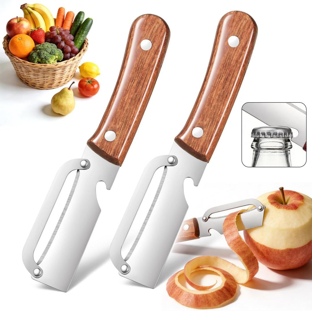 3 x 3-in-1 Stainless Steel Vegetable Peeler & Julienne Cutter with Bottle Opener - Multifunctional Kitchen Gadget for Fruits, Veggies, Camping & Daily Home Cooking(2-Pack) reddish