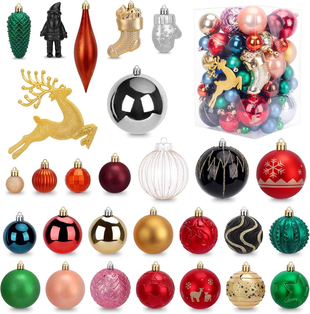 Christmas Ornament Set, 60-70Pcs Shatterproof Christmas Ball Set, Shatterproof Hanging Ball Ornaments for Xmas, Colorful Decorations, Perfect for Xmas Tree Decorations and Holiday Party Decor
