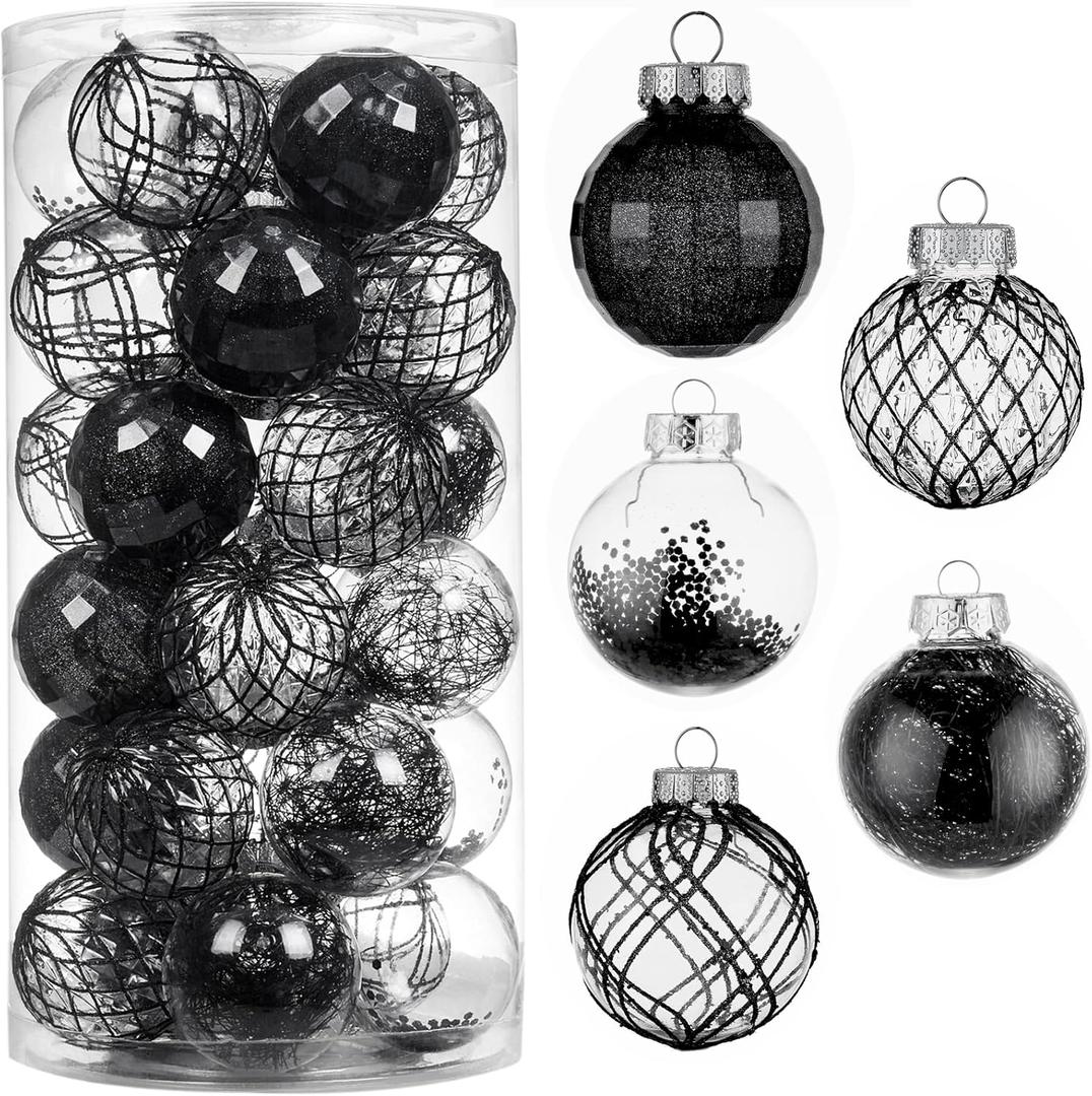 30ct Christmas Ball Ornaments-60mm/2.36" Shatterproof Clear Plastic Xmas Balls Baubles Set with Stuffed Delicate Sparkling, Hanging Christmas Tree Decorations(Black)