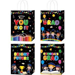 MOIZYNG 16PCS Kindergarten Preschool Graduation Gift Bags, Black Congrats Grad You Did It Paper Snack Treat Candy Goodie Bags with Handles for Boys Girls Kids Graduation Party Favors