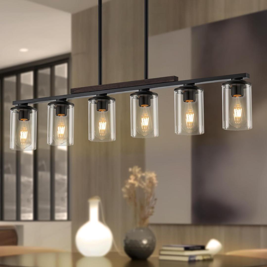 40.15'' Large Farmhouse Dining Room Light Fixture, 6-Light Kitchen Island Lighting, Black and Rustic Wood Adjustable Farmhouse Chandeliers for Dining Room Pendant Light Fixture, 6 Clear Glass Shades