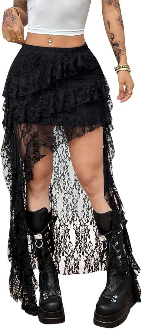 BEAUDRM Women's Floral Lace Mini Skirt Boho Drop Waist Ruffle Flowy Skirt Casual Western Summer Vacation Outfits, Large