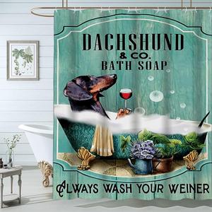 Dog Shower Curtain,Funny Shower Curtains 72Wx72L Inch Dachshund Shower Curtain Bath Soap Wash Your Paws Fun Ocean Teal Green Bathtub Vintage Wood Waterproof Polyester Fabric 12 Plastic Hooks