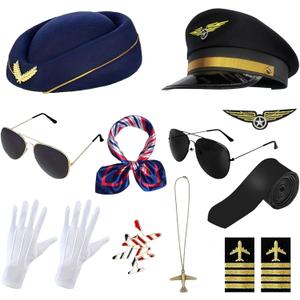 11 Pcs/2 Set Airline Pilot Captain Costumes Flight Attendant Accessories with Hat Sunglasses Scarf for Adult Dress Up Halloween Cosplay Party
