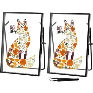 2 PCS Floating Double Picture Frame Hinged Folding, 4x6 Elegant Thin Edge Metal Real Glass Brass Photo Frames for Tabletop Wall Display, Christmas Day Gift Home Decorative Art Cfafts,Vertical, Retangle, Black