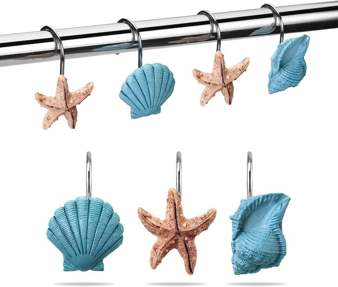 AGPtek Seashell Shower Curtain Hooks, 12PCS Anti Rust Decorative Resin Hooks for Bathroom, Baby Room, Bedroom, Living Room Decor (Blue Seashell)