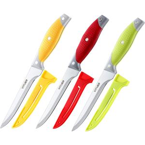 Boning Knife, 6PCS Fillet Knives (3PCS Filet Knives and 3PCS Knife Cover), 6 Inch Curved Boning Knife for Meat, Fish, Poultry, Cutting, Trimming, German Steel, PP Handle