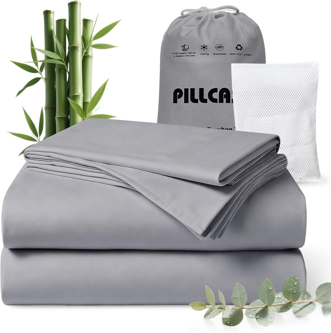 Luxury Organic Tencel & Viscose from Bamboo Cooling Sheet Set, Silky Soft Lyocell Sheets with Deep Pocket, Hypoallergenic & Breathable Bedding with Pillowcases(Gray, California King)