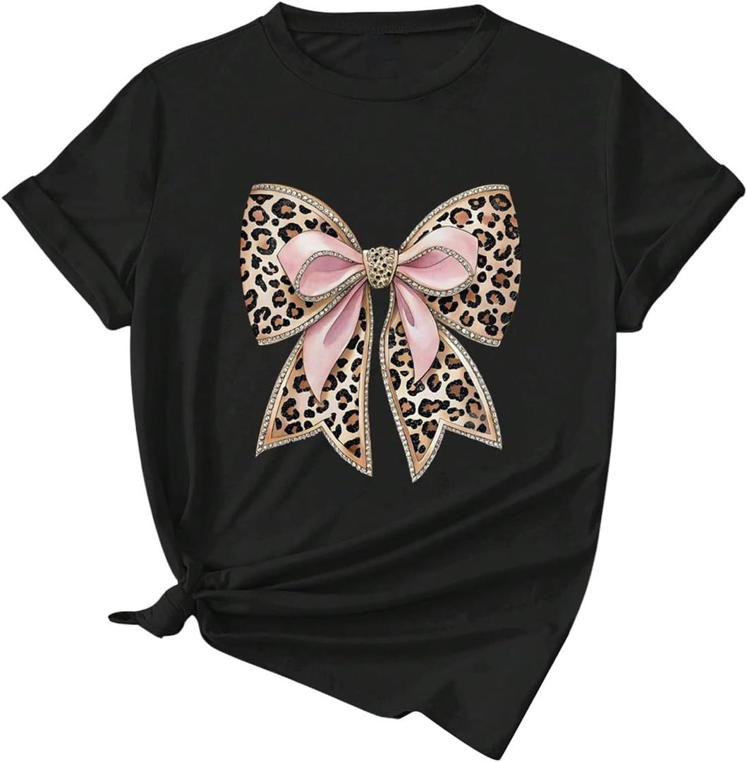 SweatyRocks Women's Short Sleeve Bow Graphic T Shirts Summer Casual Crewneck Tees (Medium, Black)