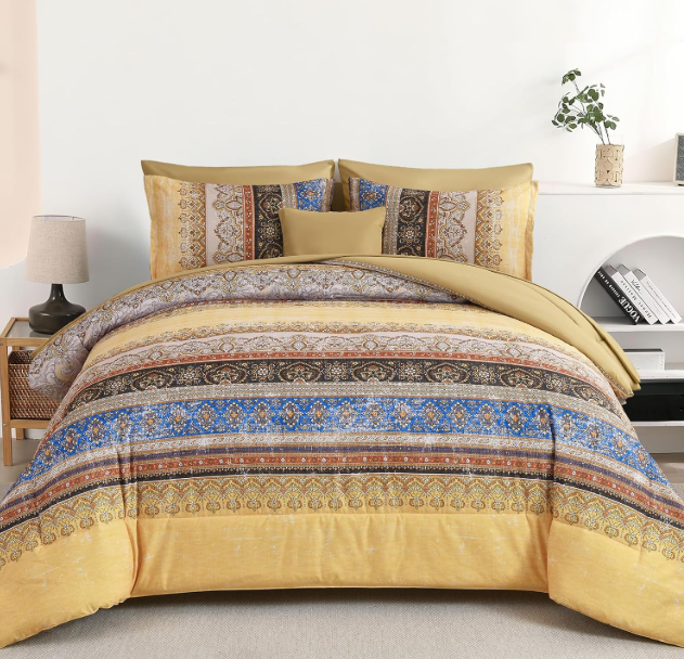 Cottolester Boho Queen Comforter Set 8 Pieces, Yellow Bohemian Striped Bed in a Bag, Paisley Soft Microfiber Bedding Comforter Set