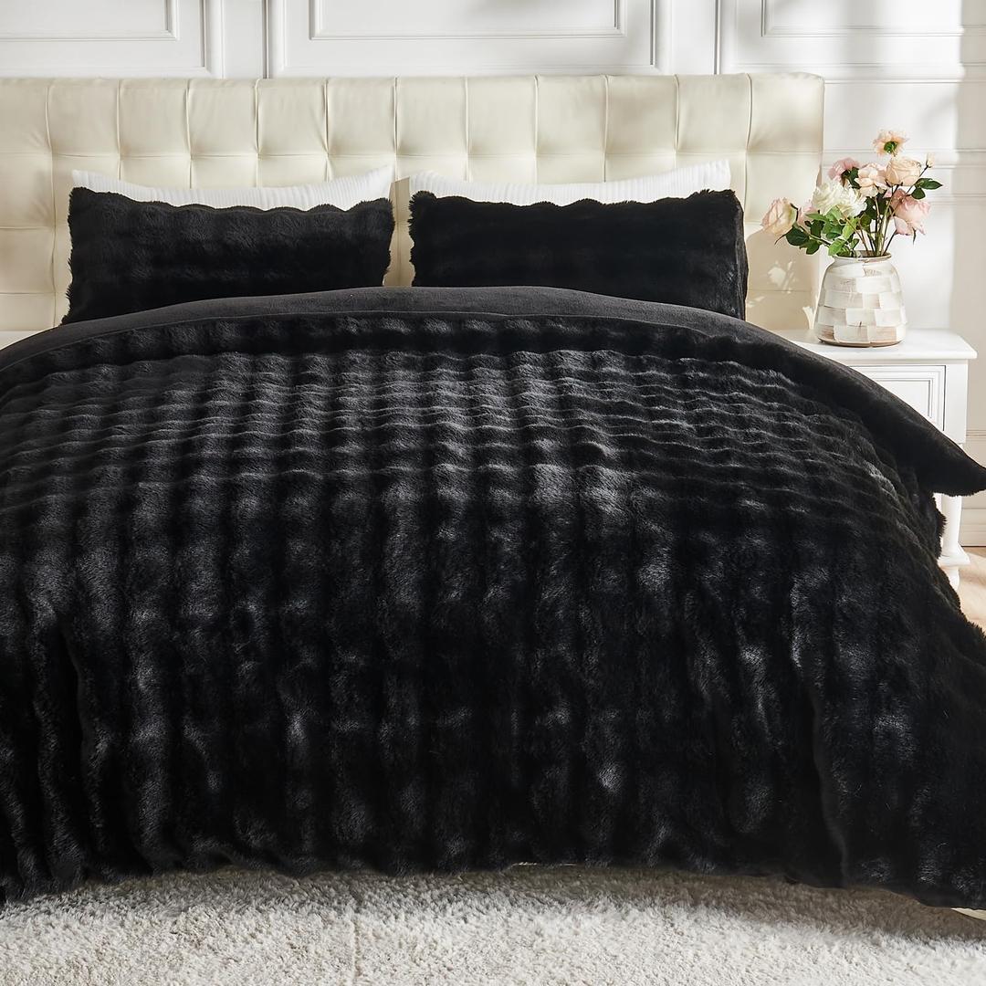 Lotus Karen Fluffy Comforter Set Cover Set-Rabbit Fluff Faux Fur Duvet Cover Full Size,Black Plush Fuzzy Comforter Set Furry Bedding Sets 3Pieces(1 Duvet Cover & 2 Pillow Shams),Zipper Closure