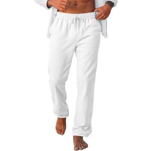 2 x Runcati Mens Casual Pants Drawstring Elastic Waist Lightweight Linen Pants Loose Fit Straight Legs Beach Trousers, (M, 2XL) (White)