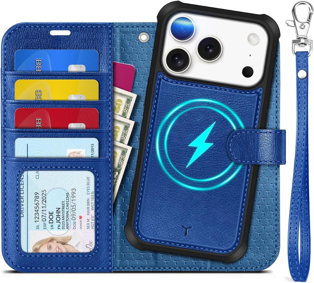 TUCCH 2-in-1 Detachable Wallet Case for iPhone 17 Pro (6.3-inch) 2025, RFID Blocking 4 Card Slot | Wireless Charging | Wrist Strap | Kickstand | Magnetic | PU Leather | Protective Cover | Klein Blue