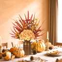 2 x Artificial Fall Flowers with Metal Pot, Orange Silk Fall Leaves Stems with Hydrangea Berry Branches & Eucalyptus for Autumn Thanksgiving Table Centerpiece Decor (Red and Orange)