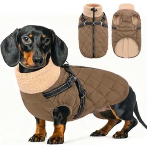 Queenmore Dog Coat, Dog Coats for Small Dogs, Doggy Winter Jacket with Zipper On Back, Waterproof Pet Jacket with Harness Built in, Pet Puffer Coat for Bichon, Schnauzer, Yorkie, Brown S