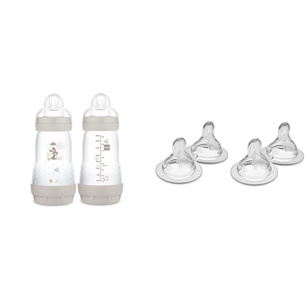 MAM Easy Start Matte Anti-Colic Baby Bottles, 9 oz (2 Count), Medium Flow Nipples & Bottle Nipples Fast Flow Nipple Level 3, for 4+ Months, SkinSoft Silicone Nipples for Baby Bottles, Beige Linen